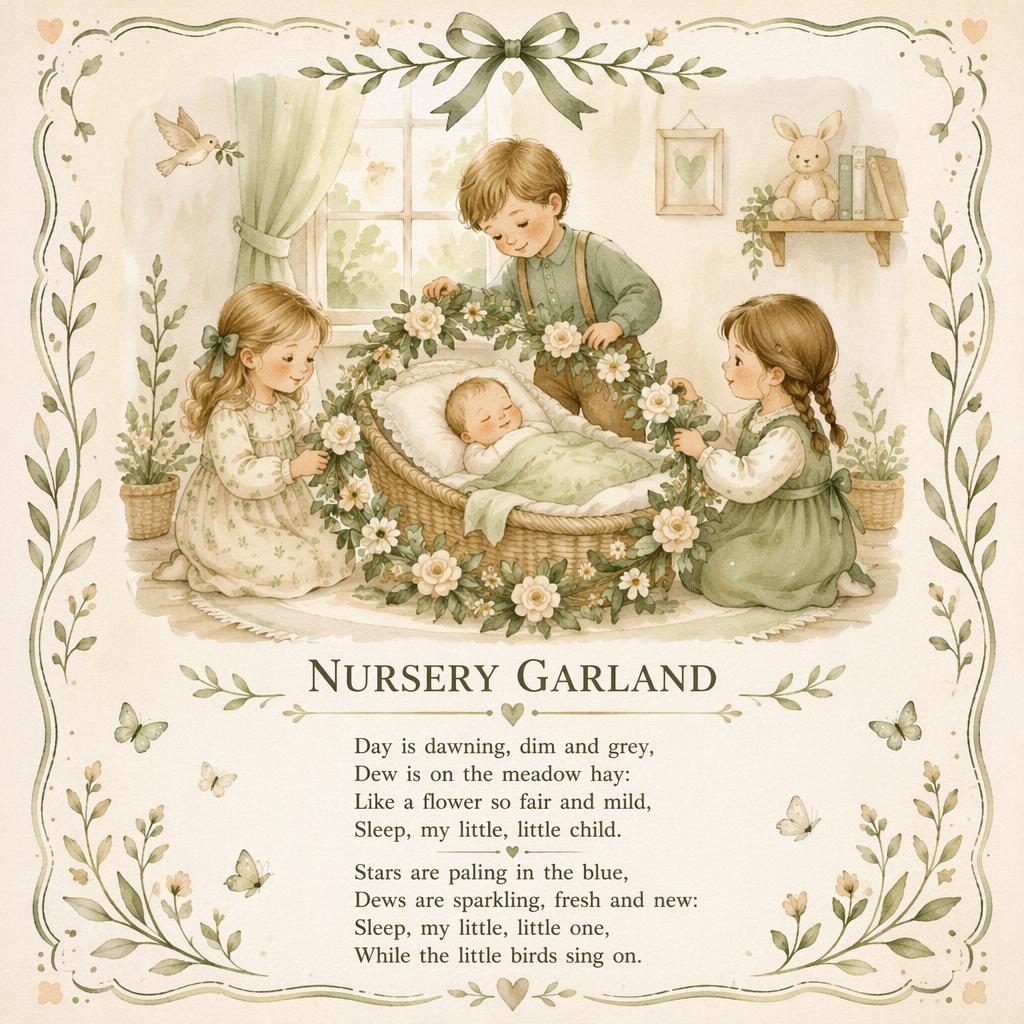 Watercolor nursery wall poster with a soft sage and beige garland scene, decorative border, and rhyme lyrics at the bottom.