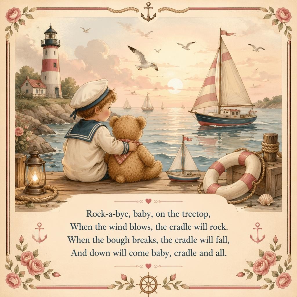 Illustratives Kinderposter im Storybook-Stil mit maritimer Szene, creme-rosé Farben, Zierrahmen und Liedtext unten.