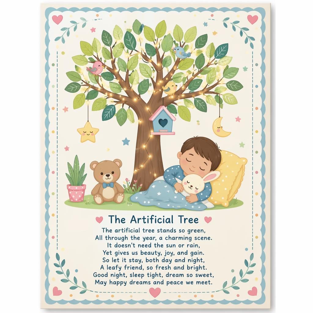 Pastel nursery poster illustration of an artificial tree with a decorative border and clean lyric text area at the bottom.