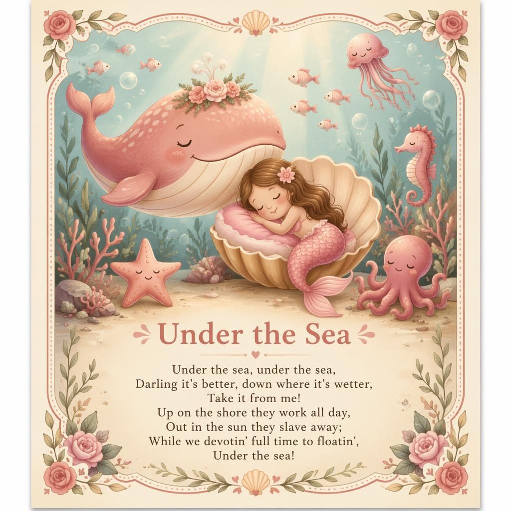 Storybook-style nursery poster with an undersea scene, warm cream and rose tones, decorative border, and lullaby lyrics at bottom.