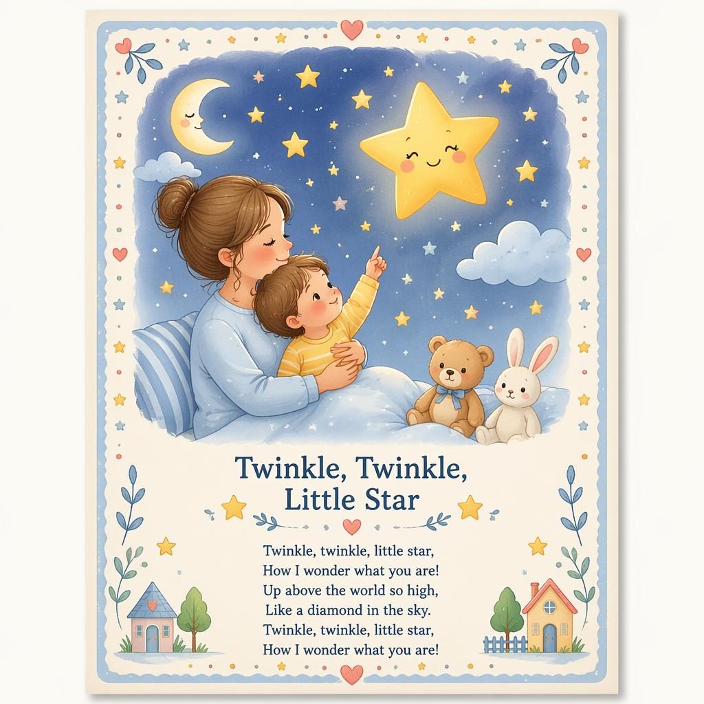 Illustriertes Kinderzimmer-Poster im Pastellstil mit verspielter Szene, dekorativem Rahmen und Liedtext unten
