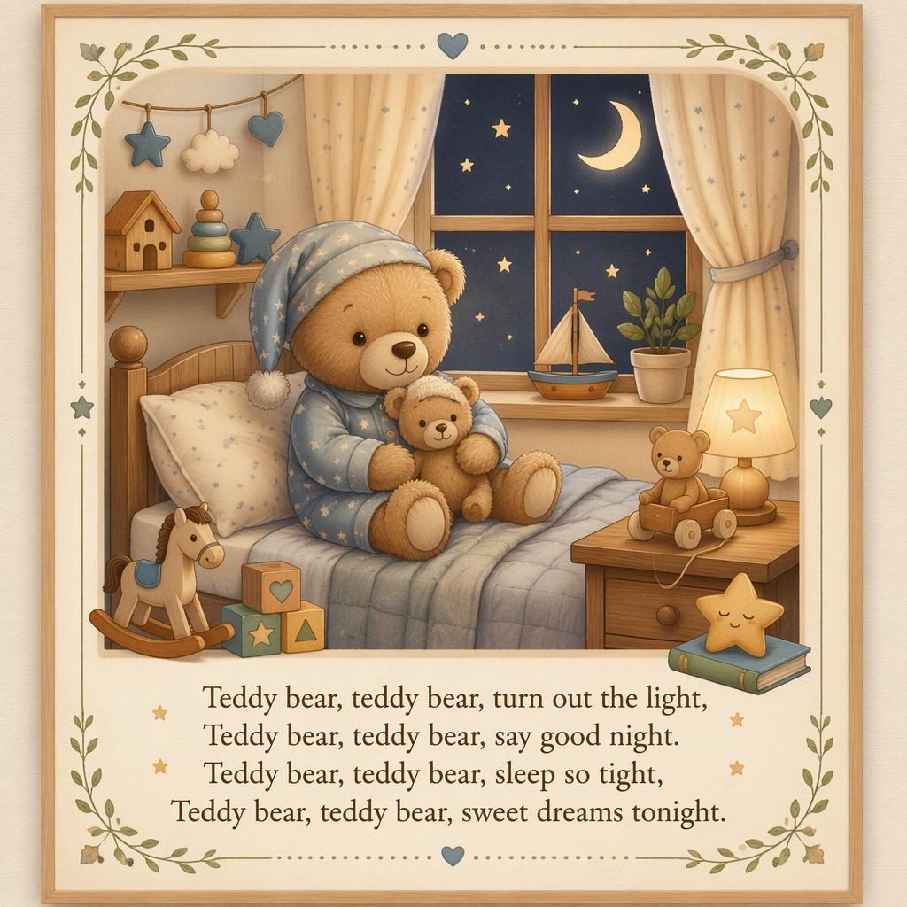 Illustrated nursery wall poster with teddy bear nursery accessories, pastel wooden toy style, border, and lyrics area at bottom.