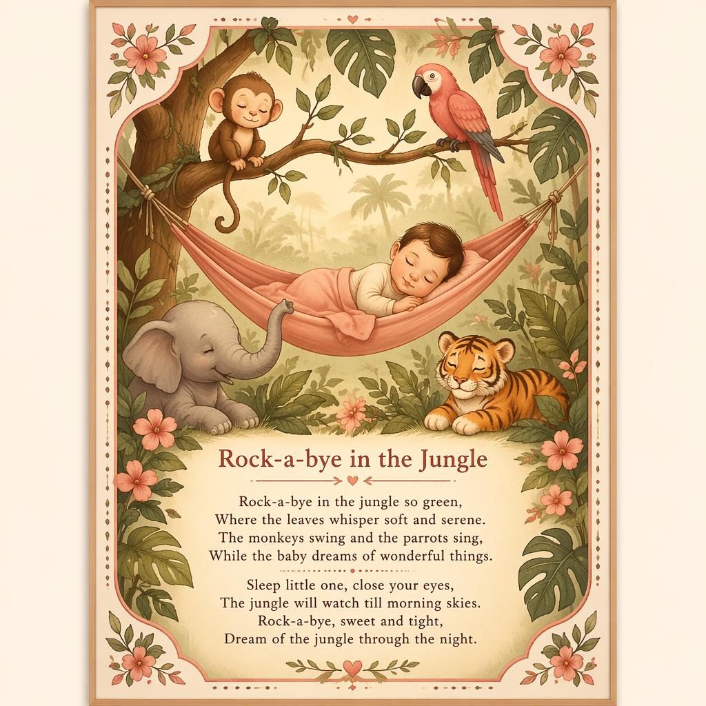 Storybook-style nursery poster with jungle animals, warm cream and rose tones, decorative border, and rhyme lyrics area.