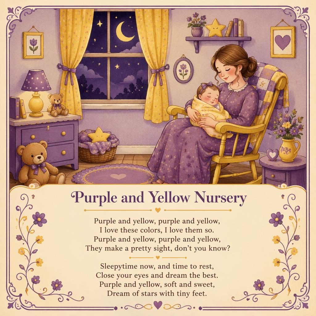 Storybook-style nursery wall poster in purple and yellow with warm cream and rose tones, decorative border, and lullaby text area.