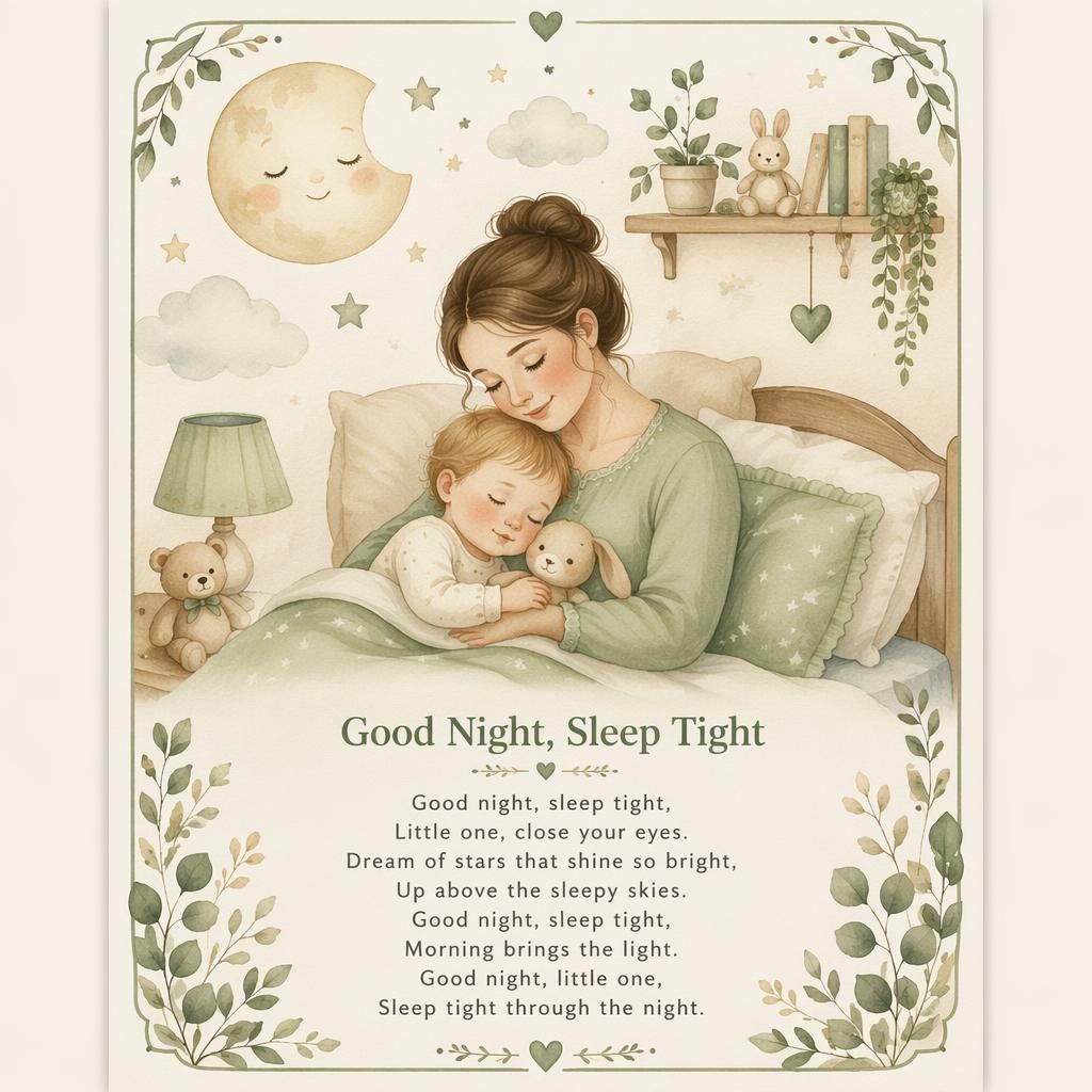 Kinderzimmer-Poster im Aquarellstil in Salbei und Beige mit sanfter Szene, Zierrahmen und Liedtext unten.
