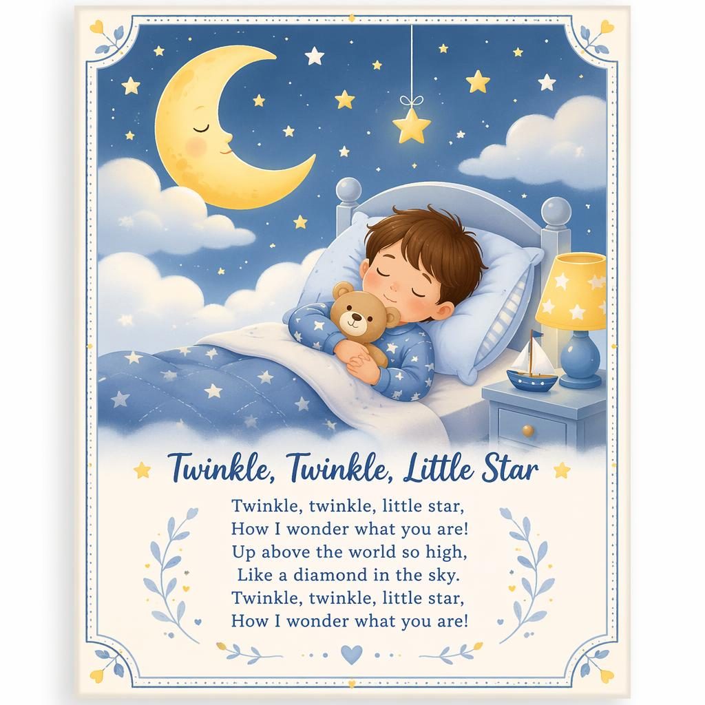 Pastel nursery wall poster with a charming illustrated rhyme scene, playful border, and clean lyrics text at the bottom.