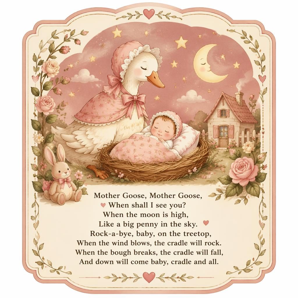 Illustrated nursery poster in warm cream and rose tones with a gentle storybook scene, decorative border, and lullaby lyrics area.