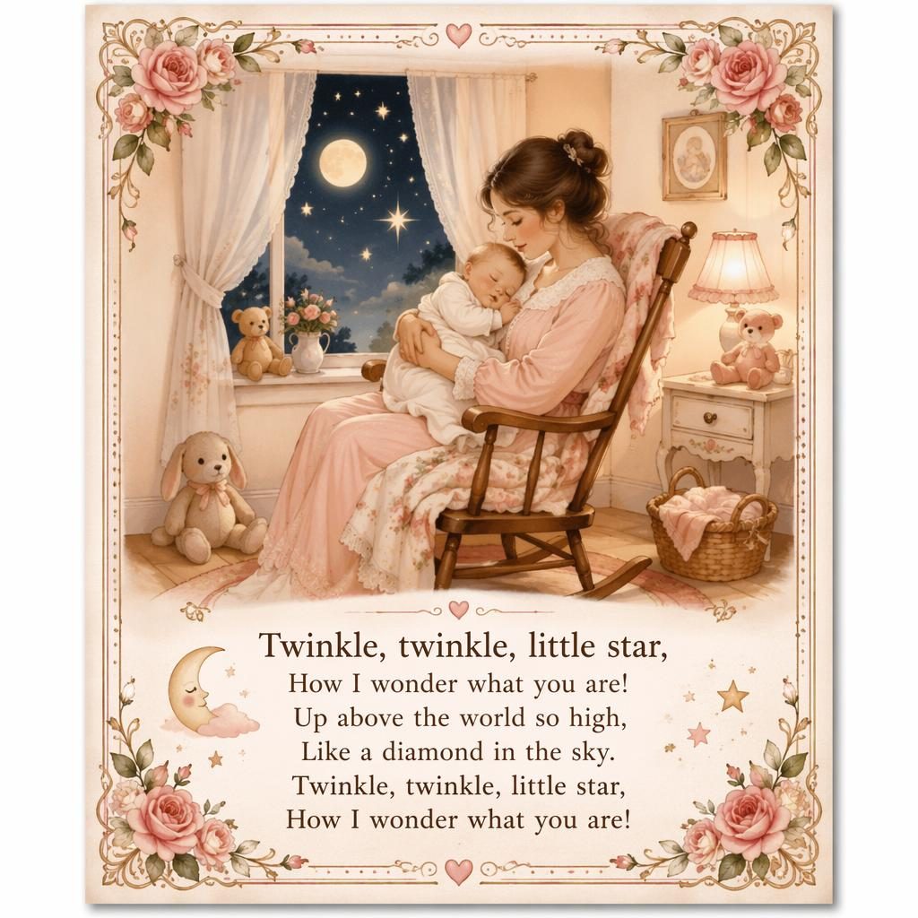 Illustratives Kinderzimmer-Poster im Märchenbuchstil in Creme und Rosa mit Reimszene, Zierrahmen und Textbereich unten.