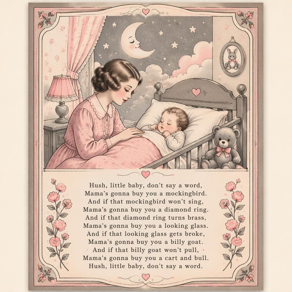 Vintage-style nursery poster in pink and gray with a gentle illustrated lullaby scene, decorative border, and lyrics area below.