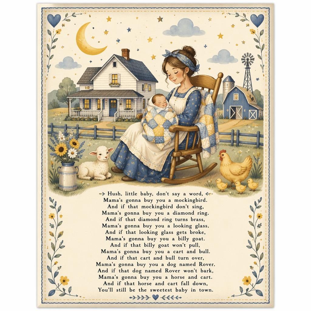 Folk art nursery poster showing a gentle farmhouse scene in soft yellow and blue with a decorative border.