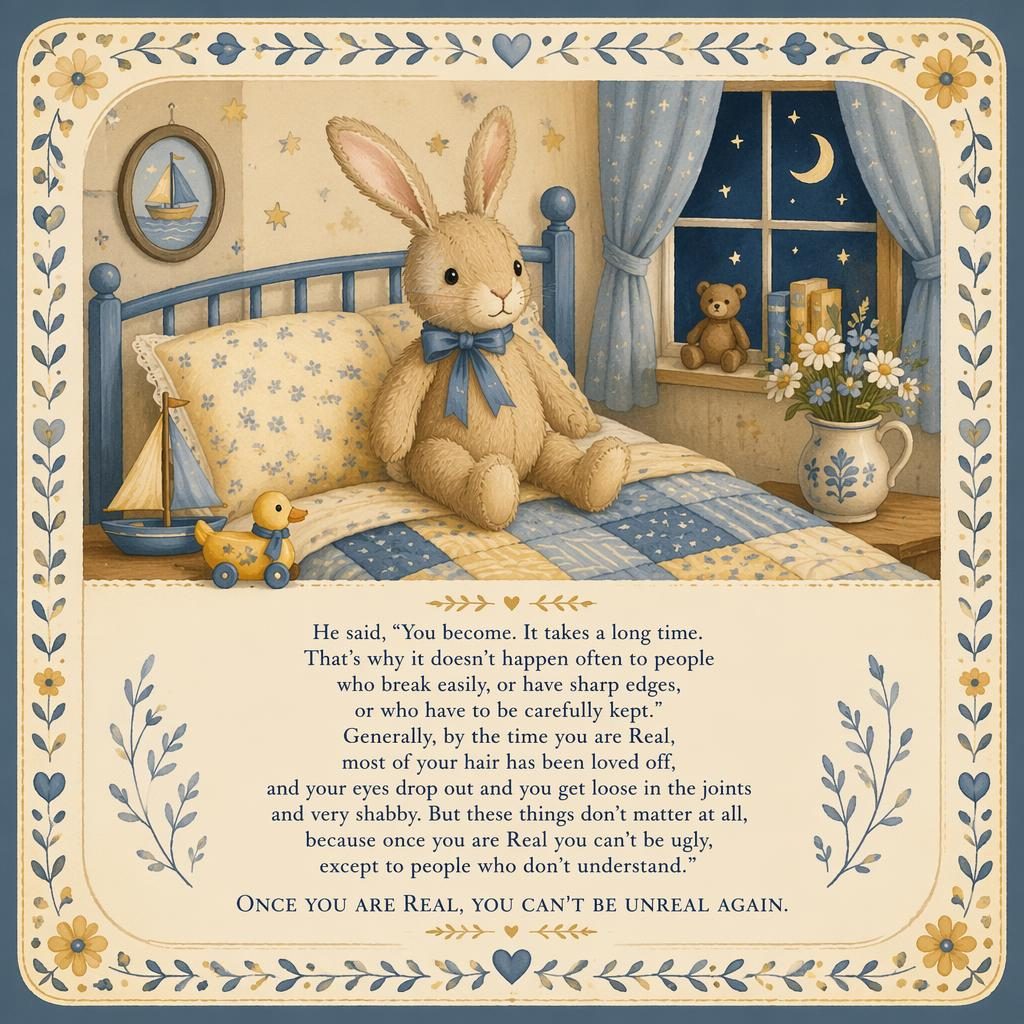 Folk art nursery poster with a velveteen rabbit scene in soft yellow and blue, decorative border, and lyrics area at bottom.