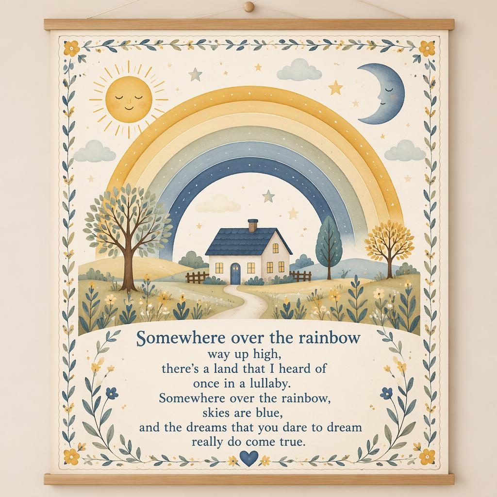 Folk art nursery poster with a neutral rainbow wall hanging, soft yellow and blue tones, border, and lyrics area below.