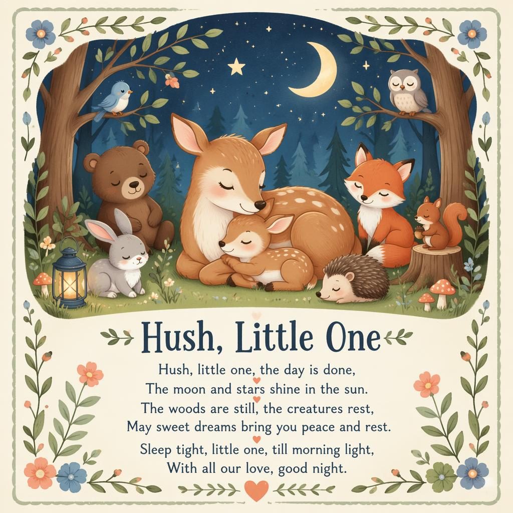 Illustrated nursery wall poster with woodland animals, pastel colors, decorative border, and clean lyric text at the bottom.