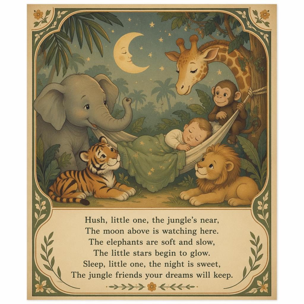 Vintage-style nursery wall poster with gentle jungle animals, muted colors, decorative border, and rhyme text at the bottom.