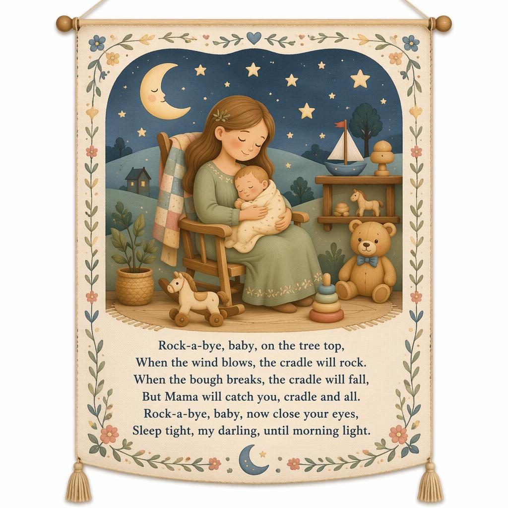 Illustrated nursery wall poster with a gentle lullaby scene, pastel colors, decorative border, and wooden toy style details.