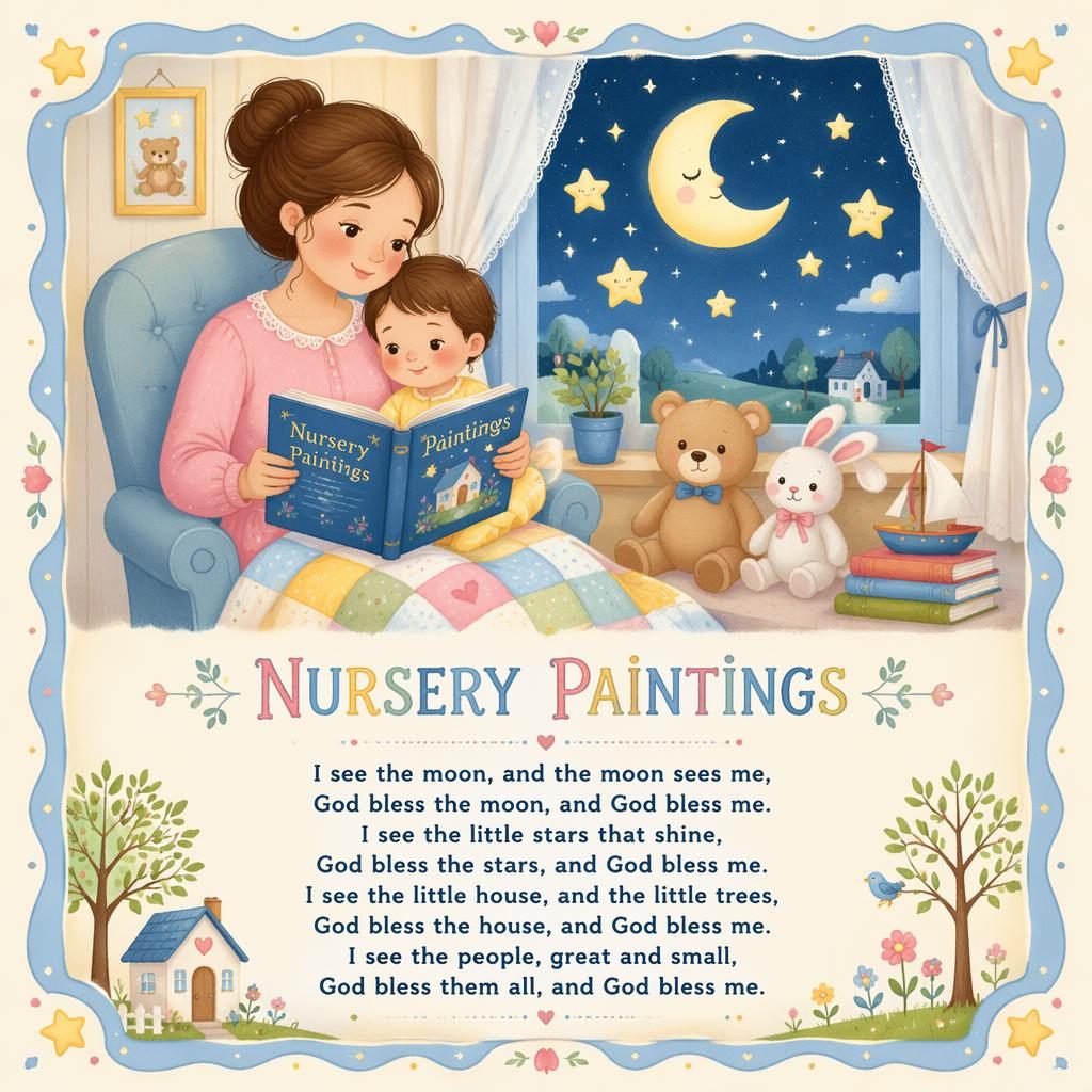 Illustrated nursery rhyme poster with a gentle family-friendly scene, pastel playful colors, decorative border, and lyrics at bottom.