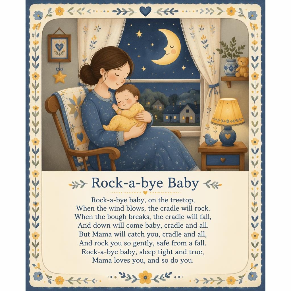 Illustrated nursery rhyme poster in folk art style with soft yellow and blue colors, decorative border, and clean lyrics area.
