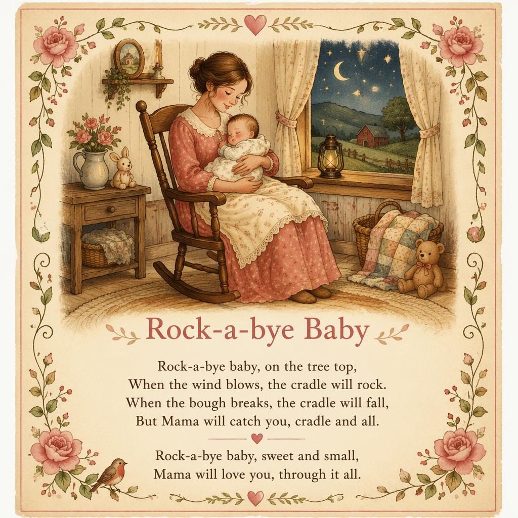 Illustrated nursery wall poster in a rustic nursery style with warm cream and rose tones, decorative border, and lullaby lyrics at the bottom.