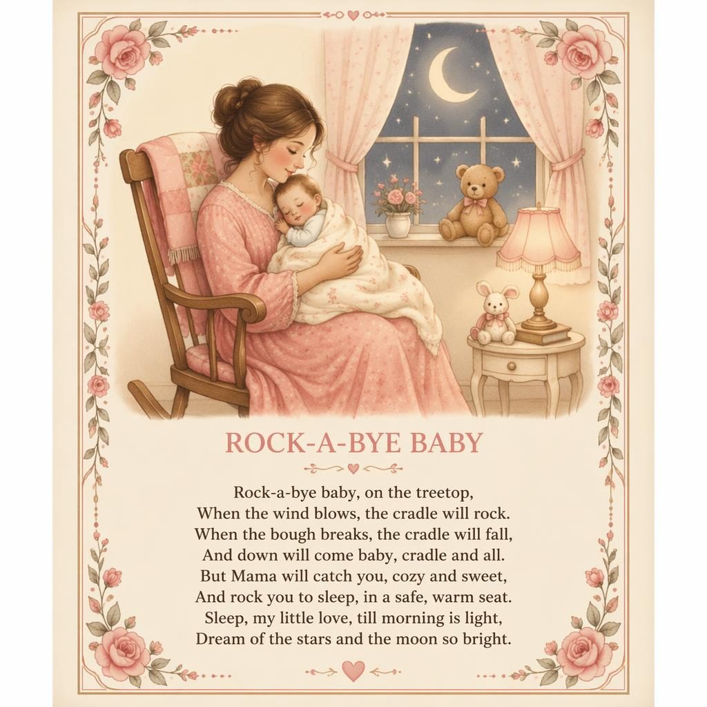 Illustration style livre pour enfants d’une affiche chambre bebe en tons crème et rose, avec bordure décorative