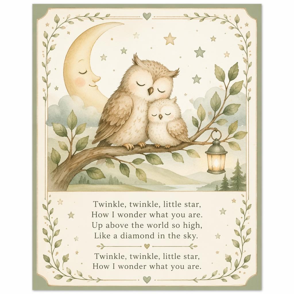Nursery wall poster illustrating the rhyme/lullaby: laminas decorativas habitacion juvenil. watercolor soft style, sage 