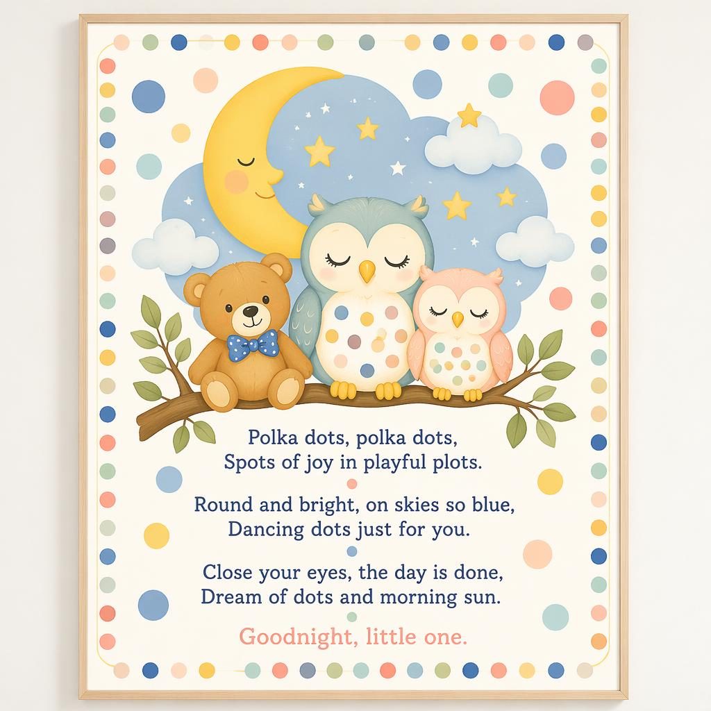 Pastel nursery wall poster with playful polka dot decals, decorative border, and clean lyric text at the bottom.