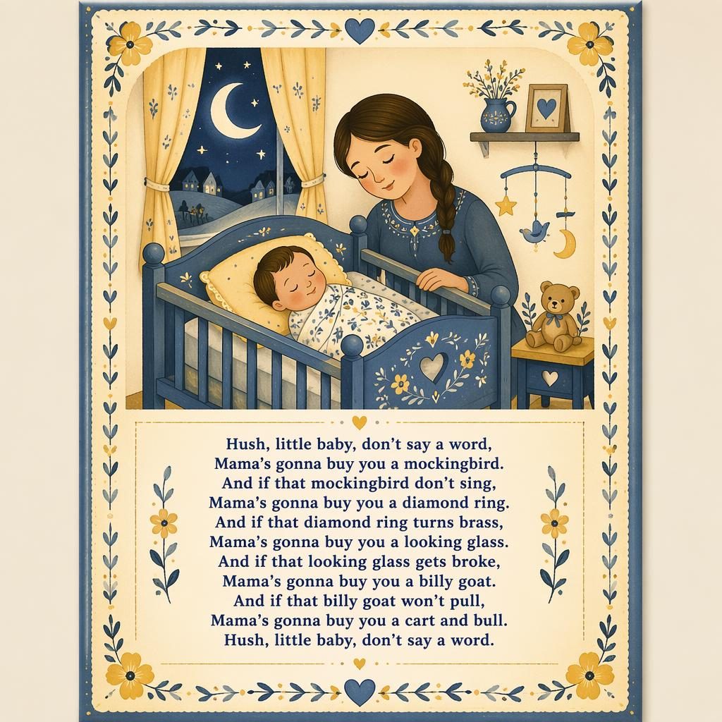 Folk art nursery poster with a soft yellow and blue scene, decorative border, crib motif, and rhyme lyrics area at bottom.