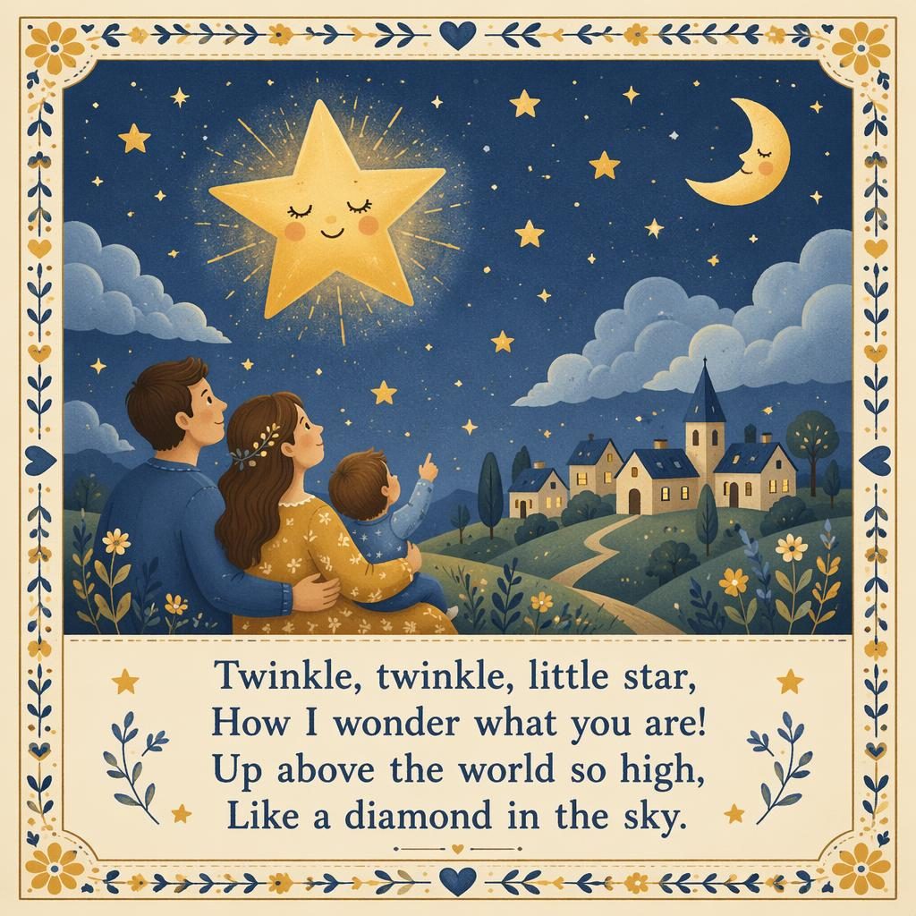Folk art nursery poster of Twinkle Little Star with soft yellow and blue stars, moon, decorative border, and lyrics area.