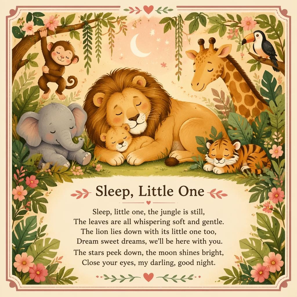 Illustrated nursery wall poster with gentle jungle animals, cream and rose tones, decorative border, and lyrics area at bottom.
