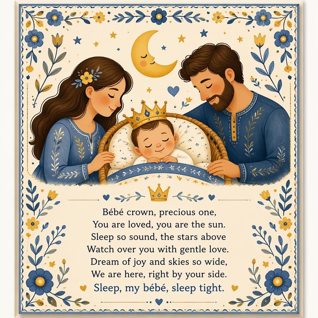 Folk art nursery poster in soft yellow and blue with a bebe crown scene, decorative border, and clean lyrics at the bottom.