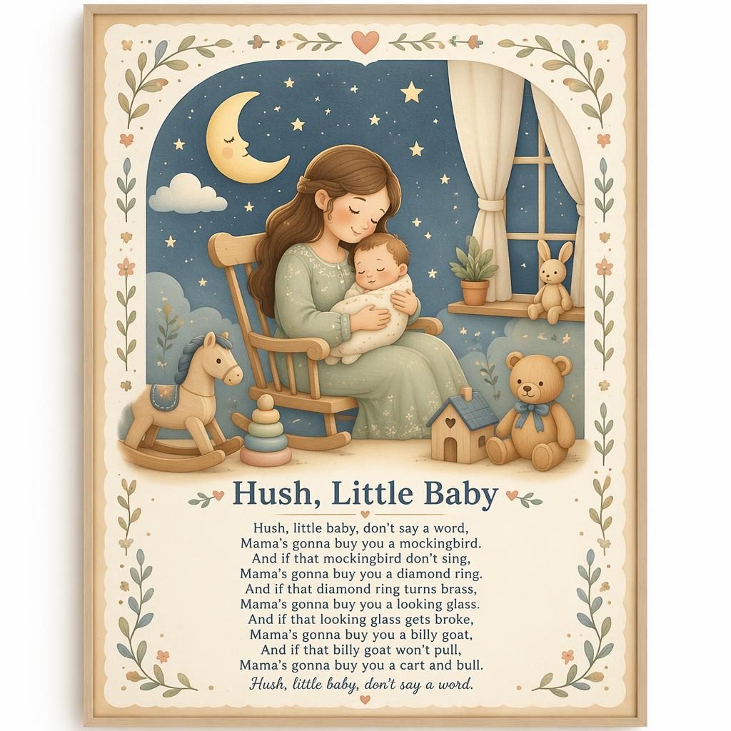 Illustrated nursery poster with a gentle lullaby scene, pastel colors, wooden toy style, decorative border, and lyrics at bottom