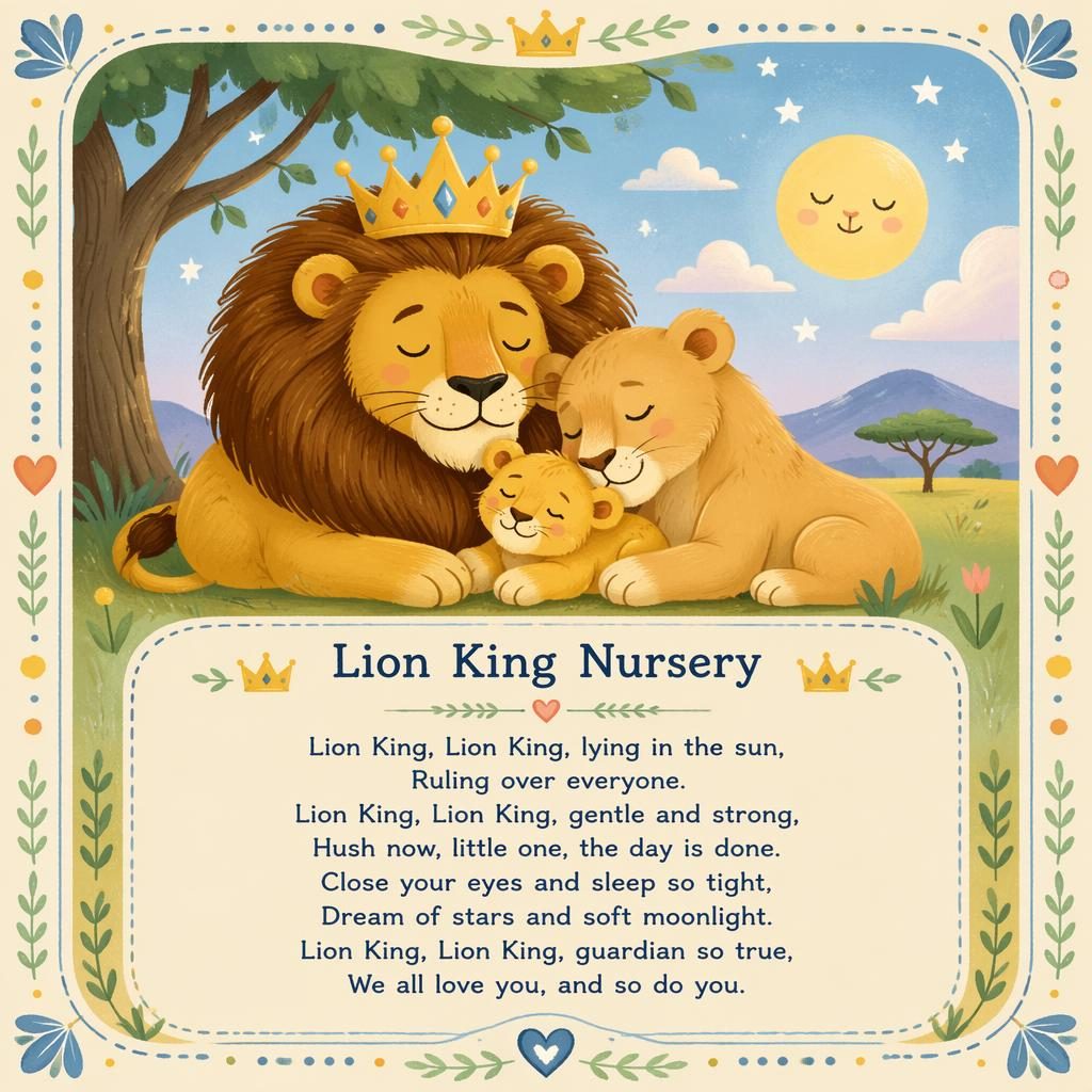 Illustrated nursery wall poster with a gentle lion scene, pastel colors, playful border, and clean lyrics area at the bottom.