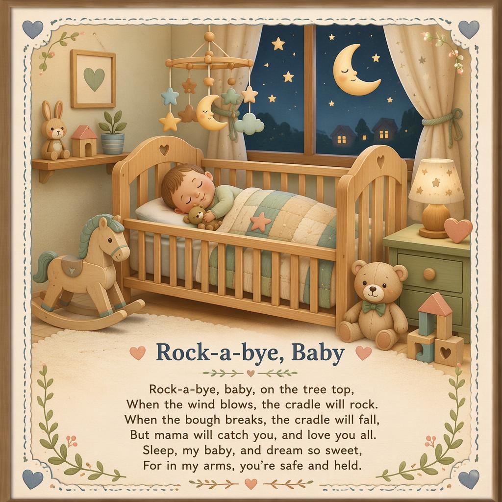 Illustrated nursery poster with crib-themed scene, wooden toy details, pastel colors, decorative border, and lyrics area below