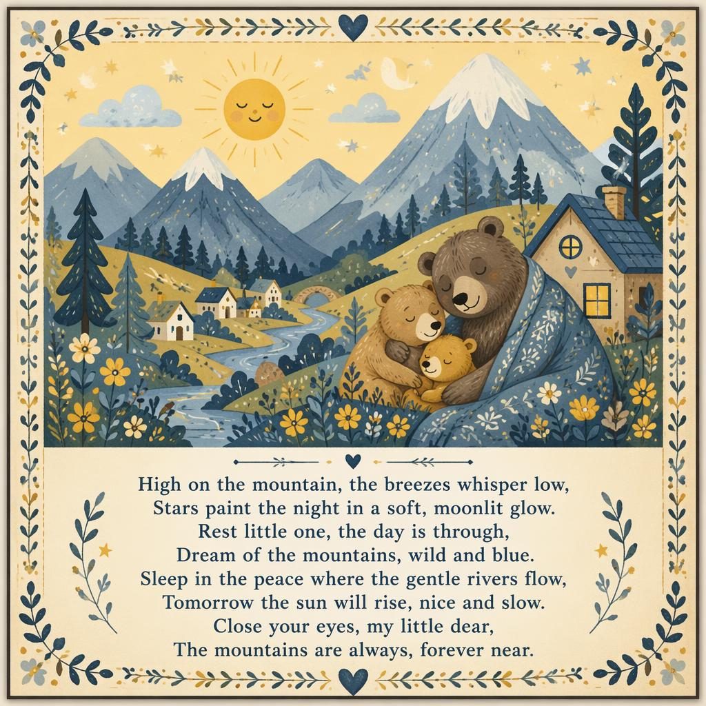 Folk art nursery poster with soft blue and yellow mountain scene, decorative border, and lullaby lyrics at the bottom.