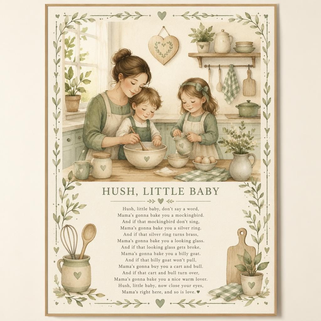 Sanftes Aquarell-Kinderposter in Salbei und Beige mit Küchenszene, Zierrahmen und sauber gesetztem Reimtext unten.