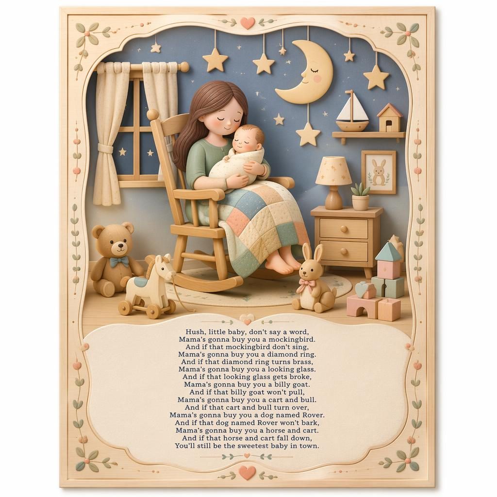 Illustrated nursery wall poster with a cozy pastel scene, wooden toy aesthetic, decorative border, and clean lullaby text at the bottom.