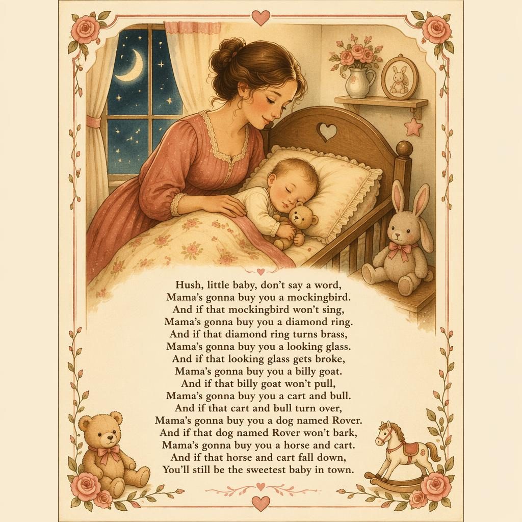 Illustriertes Kinderzimmer-Poster im klassischen Bilderbuchstil in Creme und Rosé mit dekorativem Rand und Liedtext unten.