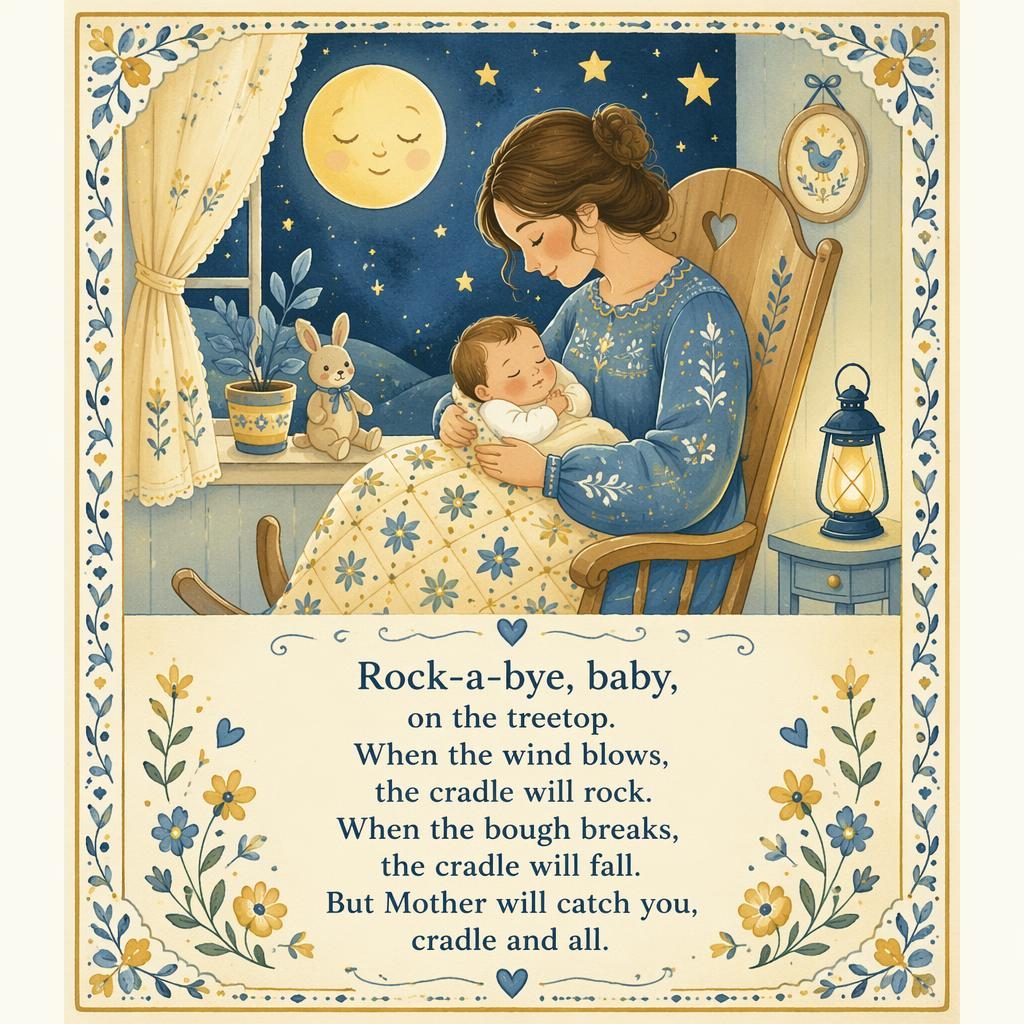 Folk art nursery poster with a gentle illustrated lullaby scene, soft yellow and blue tones, decorative border, and lyrics area at bottom.