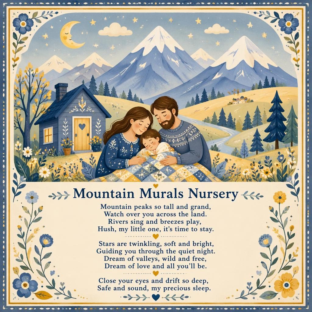 Folk art nursery poster with soft yellow and blue mountain scene, decorative border, and lullaby lyrics at bottom.