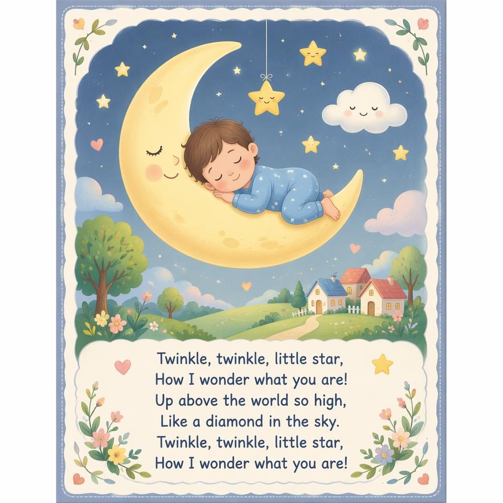 Pastel nursery wall poster with a charming illustrated rhyme scene, playful colors, clean lyric area, and decorative border.