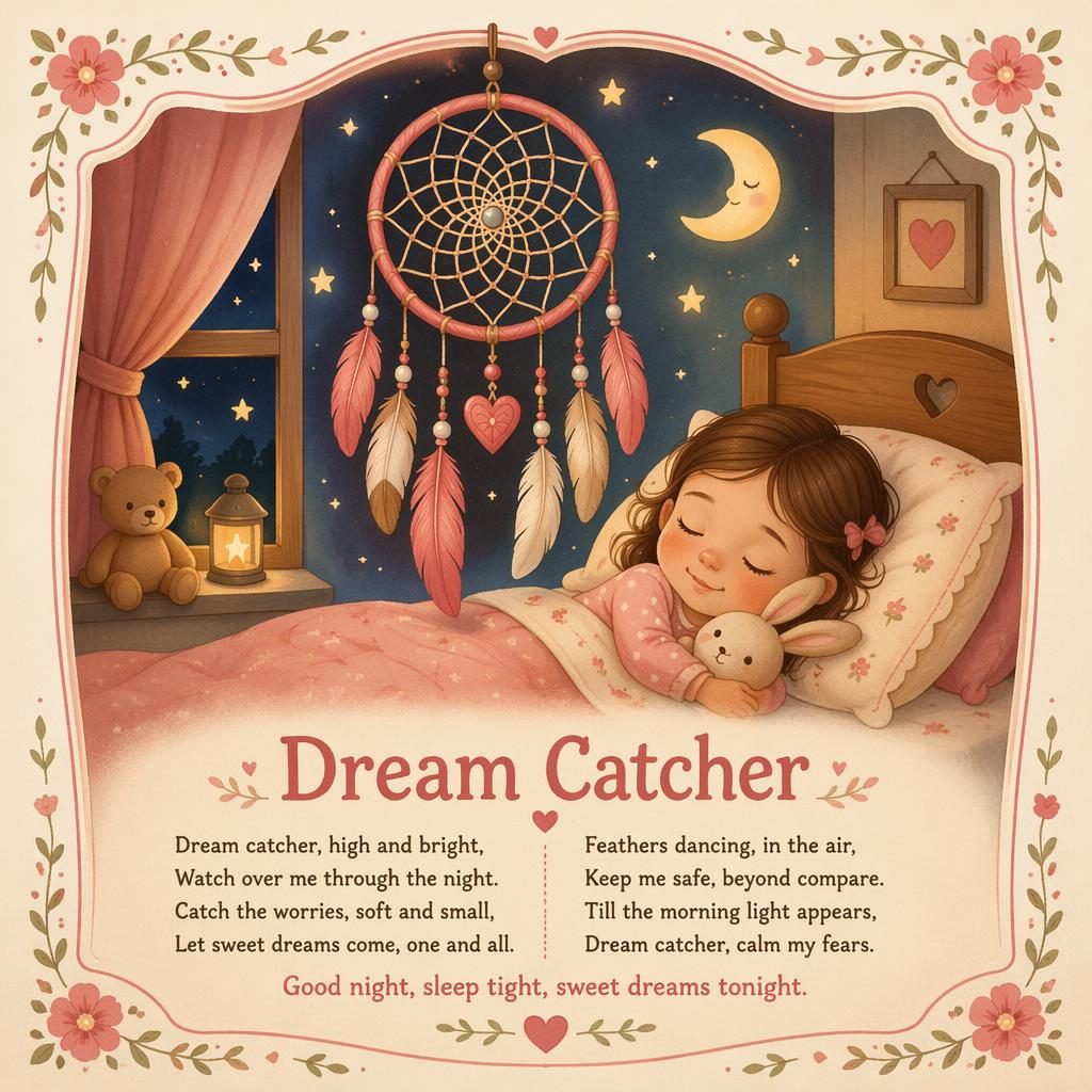 Storybook-style nursery poster with a dream catcher, warm cream and rose tones, decorative border, and lullaby lyrics area