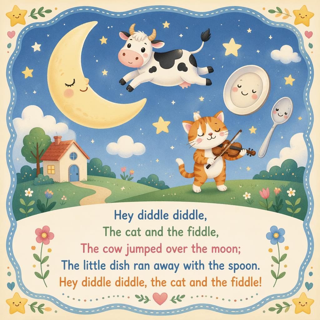 Pastel illustrated nursery rhyme poster with playful characters, decorative border, and clean lyric area at the bottom