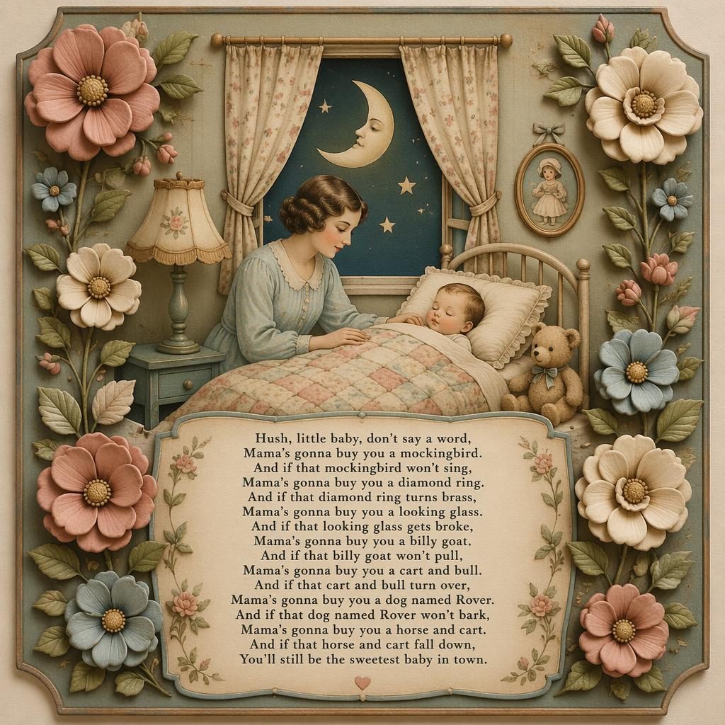 Vintage-style nursery poster with soft 3D flowers, muted colors, decorative border, and lullaby lyrics area at the bottom