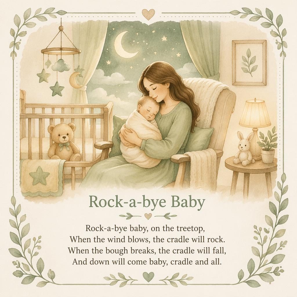 Soft watercolor nursery poster with crib decoration items, sage and beige tones, decorative border, and lyrics area at bottom.