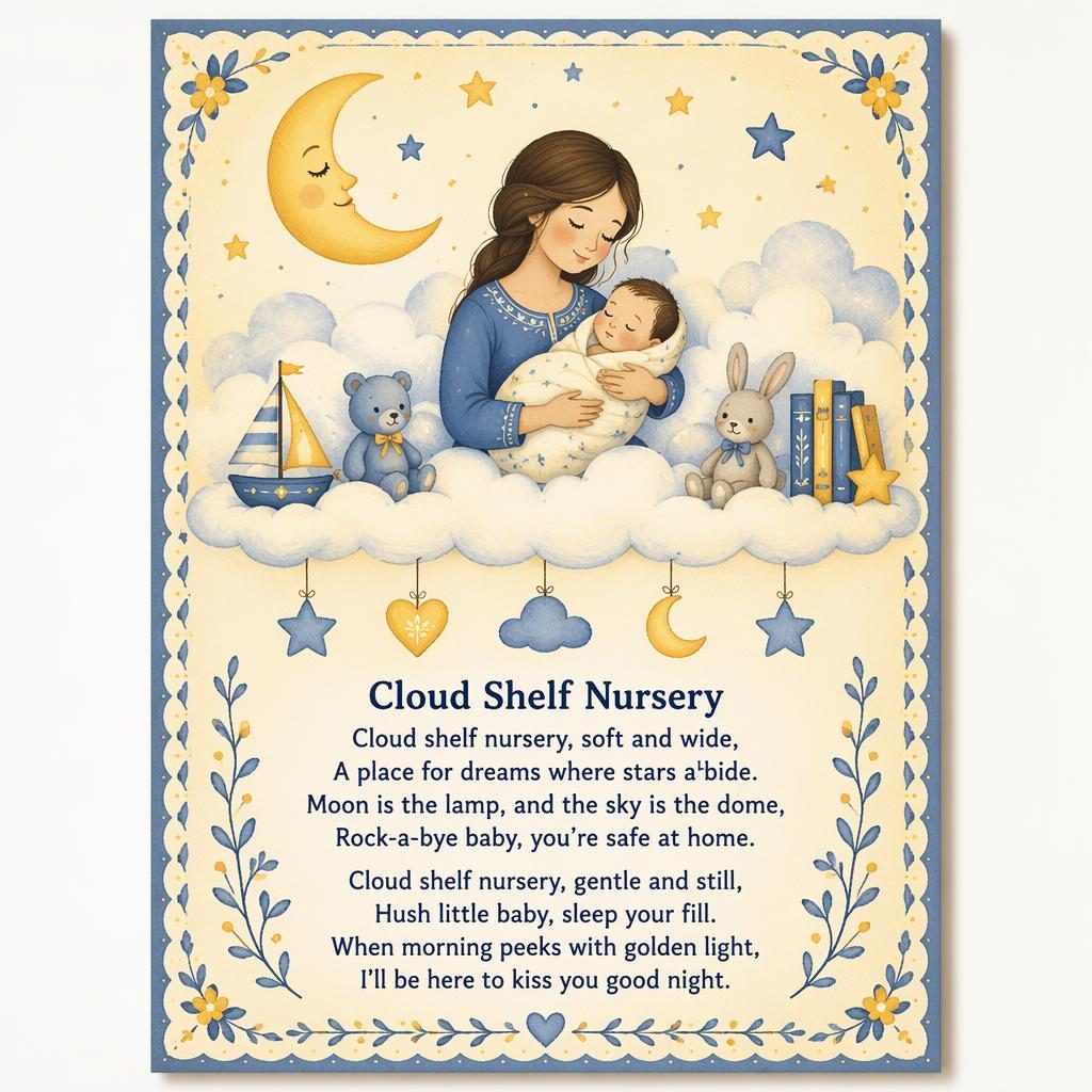 Folk art nursery poster with clouds, soft yellow and blue tones, decorative border, and lullaby lyrics at the bottom.