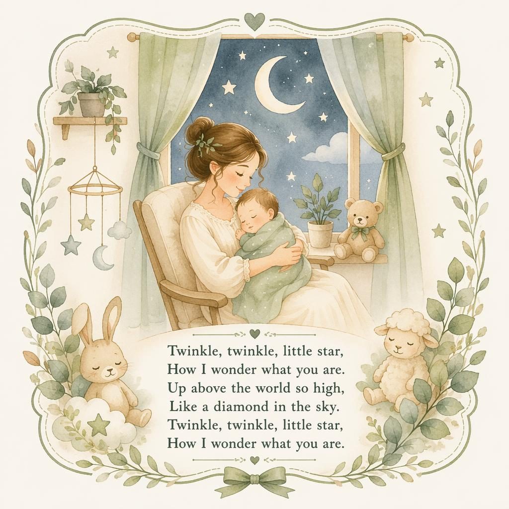 Watercolor nursery poster in sage and beige with a gentle illustrated scene, decorative border, and lyric area at the bottom.