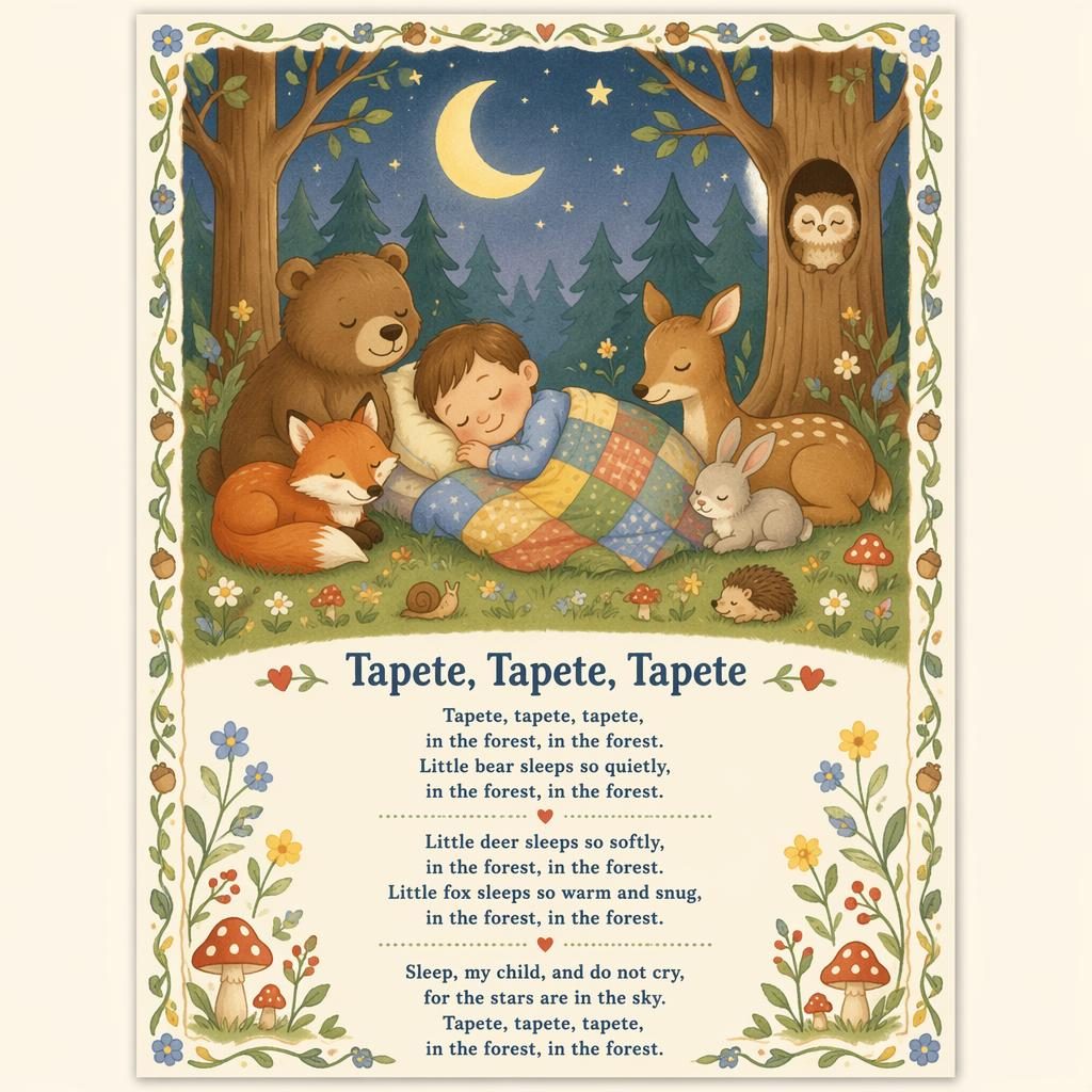 Illustriertes Kinderzimmer-Poster im Waldstil mit Pastellfarben, verspieltem Rahmen und Liedtext unten im Bild
