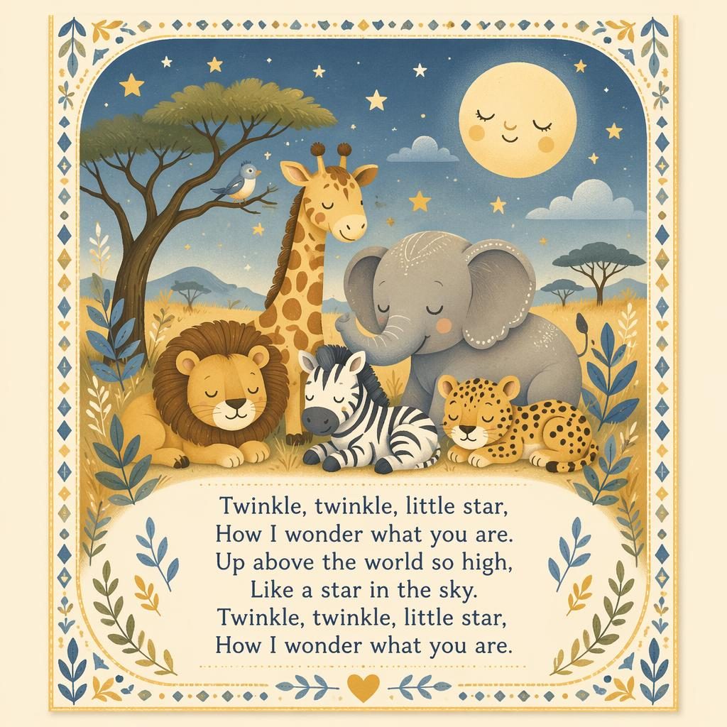 Folk art nursery poster with safari animals, soft yellow and blue tones, decorative border, and clean lyrics area at bottom.