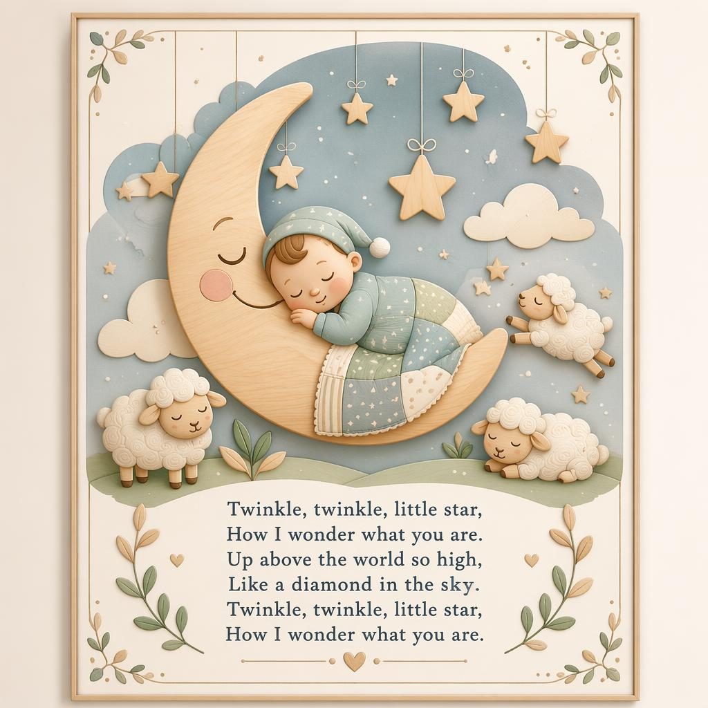 Illustrated nursery rhyme poster in a wooden toy style with pastel scene, decorative border, and clean lyric text at bottom.