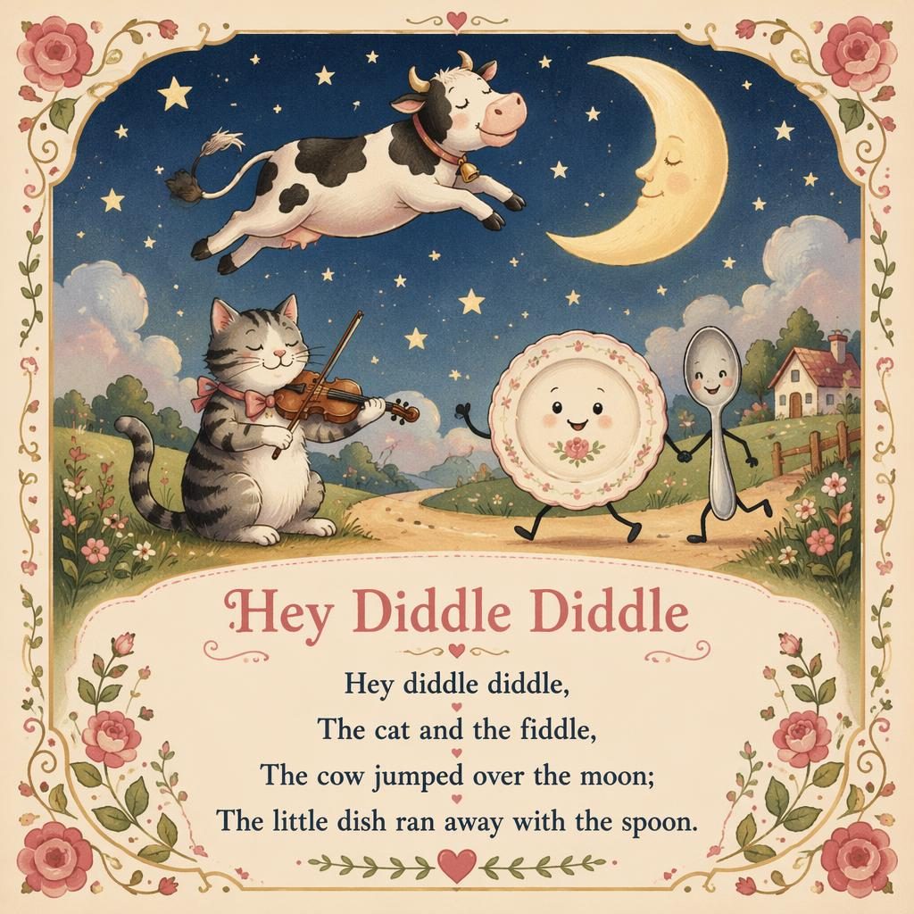 Nursery wall poster illustration of Hey Diddle Diddle in warm cream and rose tones with decorative border and lyrics at bottom