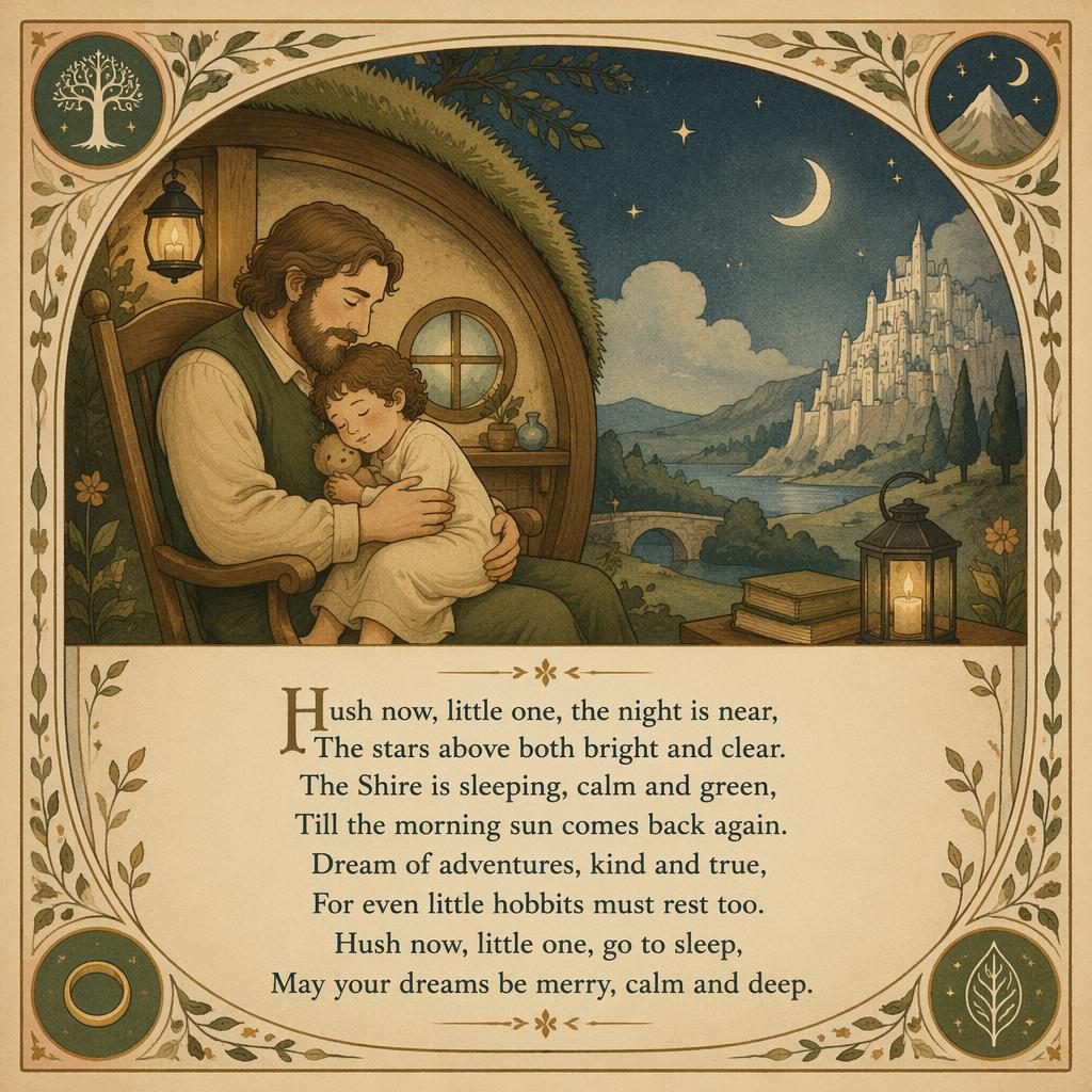 Vintage-style nursery wall poster with a gentle fantasy scene, muted 1930s colors, decorative border, and lullaby lyrics at bottom.